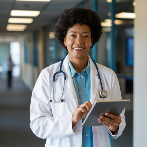 Doctor in Dallas-Fort Worth using digital tablet for healthcare data